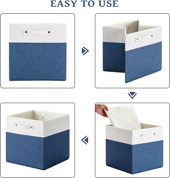 FinishingBo 13x13x13 Storage Cube Bins 4 Pack, Cube Shelf Baskets | Foldable Storage Cubes, Linen Storage Bins with Handles, Closet Organizers, White/Blue