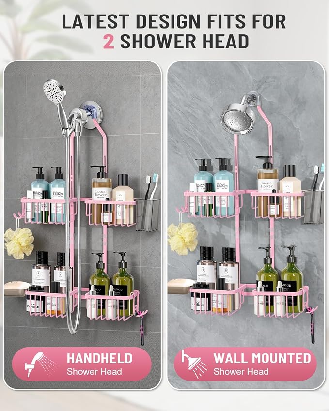 Adjustable Shower Caddy Hanging for Handheld Showerheads - Never Rust Shower Hanging Organizer, Upgraded Bathroom Shower Rack with Soap Basket, Hooks and Toothbrush Holder (Pink)