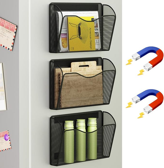 Magnetic File Holder - Heavy Duty Wall File Organizer for Refrigerator & Whiteboard - Strong Magnet Mail Holder & Magazine Rack, No Drilling Document Storage Basket for Office Cabinet