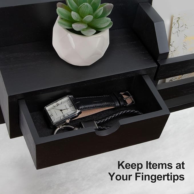 Lwenki Wall Mount Key Holder with Mail Organizer, 100% Paulownia Wood, 7 Metal Hooks, Storage Drawer, Entryway Home Decor (Black)