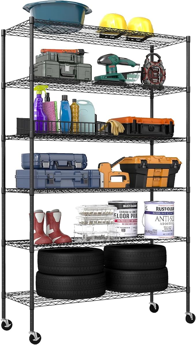 FDW | 6-Tier Wire Shelf with Wheels | 48" x 18" x 76" | Black | Storage Shelves with Adjustable Racks, Holds upto 600 lbs | Rust-Resistant, No-Tool Assembly | For Home, Garage