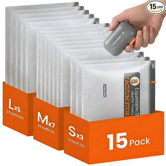 Vacuum Bags for Clothing Travel with Rechargeable Electric Pump, 15 Pack Compression Vacuum Storage Bags for Luggage and Seasonal Storage, Space Saver Seal Bags for Cruise and Vacation