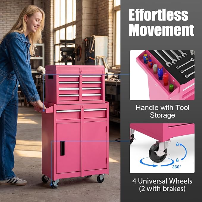 Goplus Pink Tool Chest, 5 Drawers Rolling Tool Cabinet w/Detachable Top Toolbox, Universal Lockable Wheels,Lock Bar,Protective Liner,Tool Rack, Metal Tool Storage Cart, Tool Box for Garage Workshop