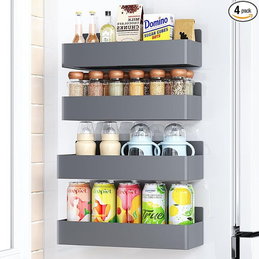 Mystozer Magnetic Spice Rack for Refrigerator, Kitchen Organizer and Storage Shelf, Grey (4 Pack)…