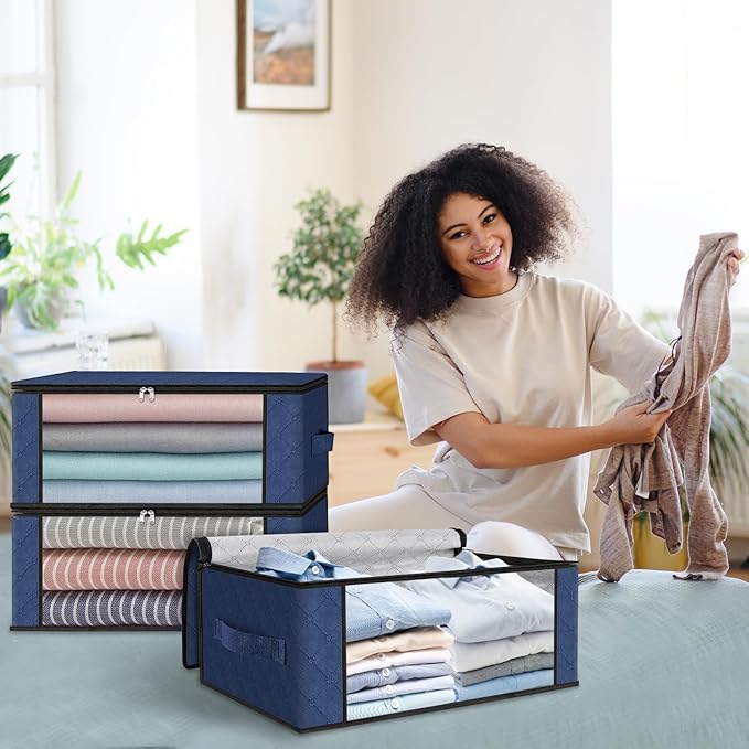 HomeHacks 6-Pack Clothes Organizer Storage Bags, 35L Storage Bins, Blue | Foldable Storage Box Container with Zippers, Clear Window, Reinforced Handles for Closet, Dorm, Pillows, Bedding, Sweater