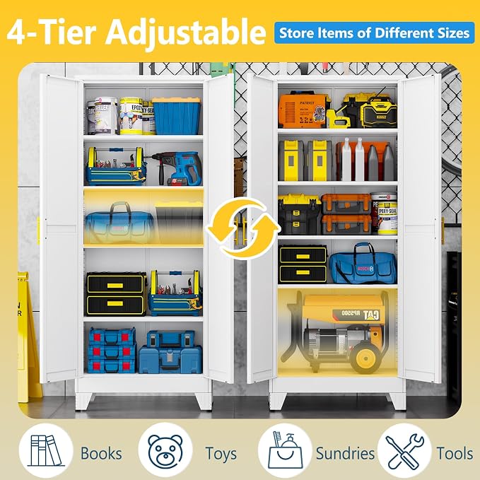 PAOFIN 71" Metal Storage Cabinet with 2 Doors and 4 Adjustable Shelves,White Metal Garage Storage Cabinets, File Cabinet,Steel Tool Cabinets for Home,Office,Garage,School,Warehouse