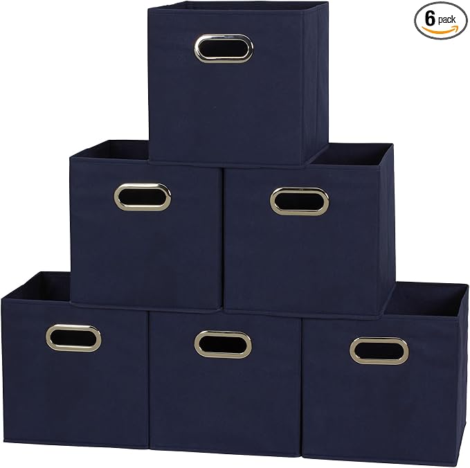 Household Essentials Fabric Storage Bins 6 Piece Set, Strong Poly-Woven Fabric, Sturdy Chipboard Sides, Grommet Front Handle, Stackable and Foldable, Classic Design, Navy