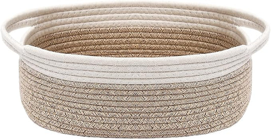 JMvicyroam Small Woven Basket, Empty Gift Basket, White&Oatmeal/1 Pack | Small Gift Basket, Cotton Rope, 12 x 8 x 72 in, Handles, Includes Ribbon and Bag, Birthday Gift Basket