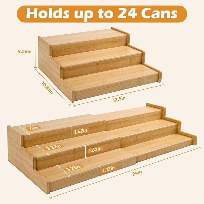 Artcochan 2 Pack 3 Tier Expandable Bamboo Can Rack Organizer for Pantry，Adjustable Pantry Organizers Holds Up to 24 Soda Cans,Canned Food Storage for Kitchen Cabinet Countertop