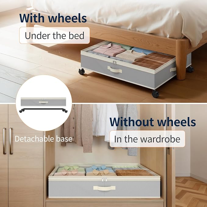 Yecaye 80L Large Under Bed Storage Containers with Wheels, 2 Pack, Grey | 80L Capacity, Space-saving, 360° Rolling Wheels, Clear Window & Label, Sturdy Fabric, For Clothes, Shoes, Blankets