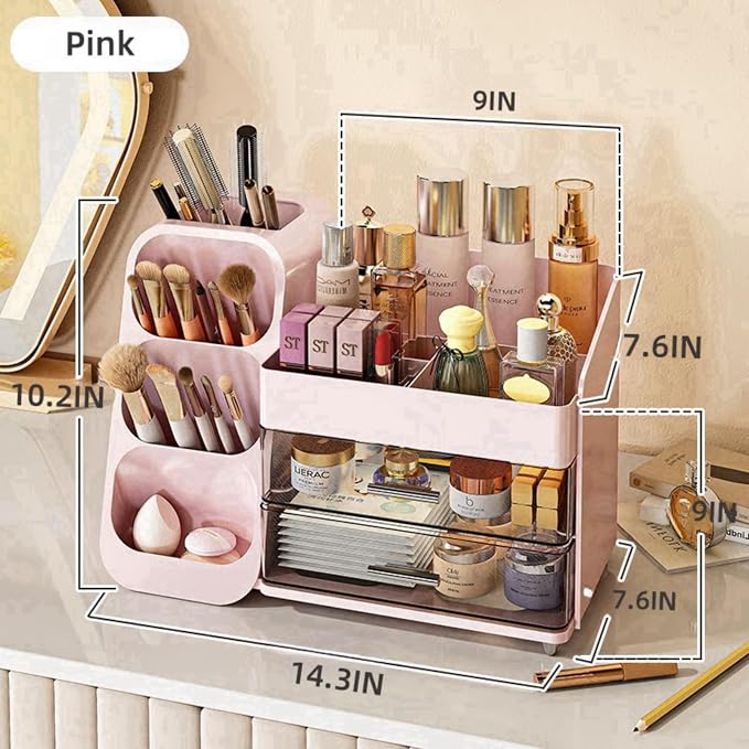 Booklov Large Makeup Organizer for Vanity Countertop, Pink | Clear Acrylic Cosmetic Display Case, Beauty Brush Holder for Bathroom Counter, Make Up Skincare Lipsticks Storage