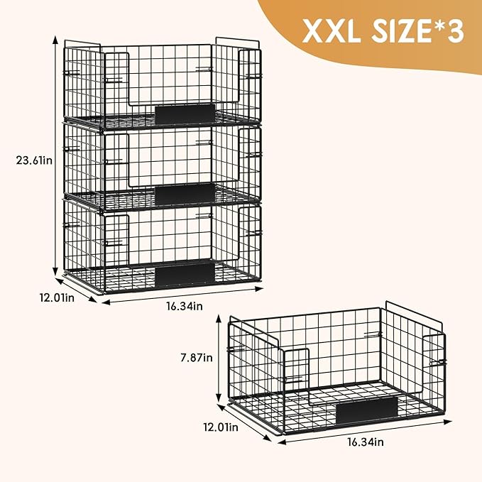 JKsmart 3 Pack XXL Stackable Wire Baskets, Pantry Organizers and Storage | Fruit Basket with Name Plates & Handles & Breathable Design, Muti-Purpose for Snack Rack & Metal Storage Bins & Can Organizer