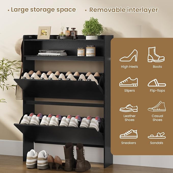 Modern Shoe Cabinet with 2 Flip Drawers & Open Storage, 31.5" W Black | Freestanding shoe cabinet with flip drawers ,design and space-saving storage for entryway,foyer & hallway.