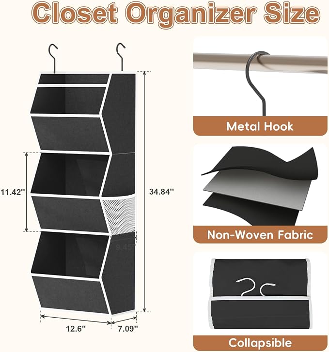 Hanging Closet Organizer 3 Shelf Collapsible Bedroom Closet Organizers and Storage Hanging with Mesh Pocket for Clothes, Closet Hanging Organizers and Storage for Fabric Wardrobe Space Saver, Black