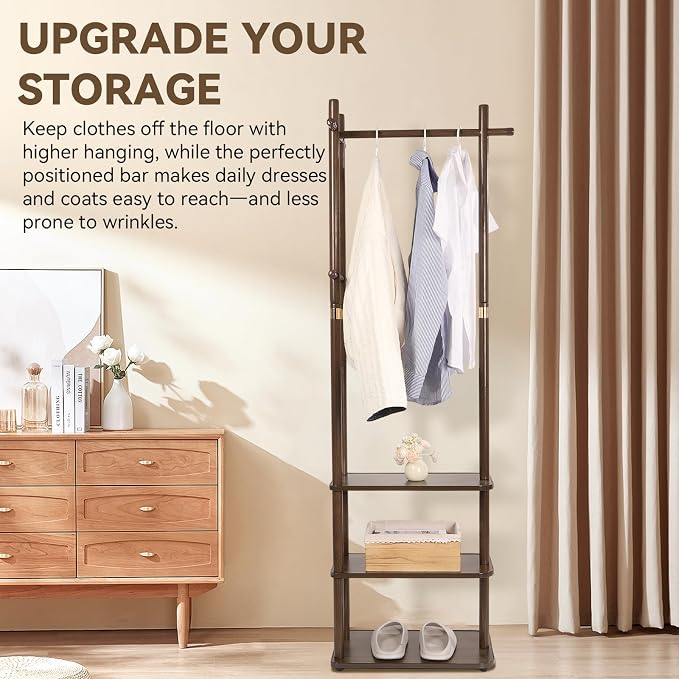 Wood Coat Rack Freestanding Clothing Rack with 3 Shelves and 5 Hooks | Heavy Duty Coat Tree Garment Rack Coat Hanger Stand for Corner Entryways Living Rooms and Bedrooms, Walnut
