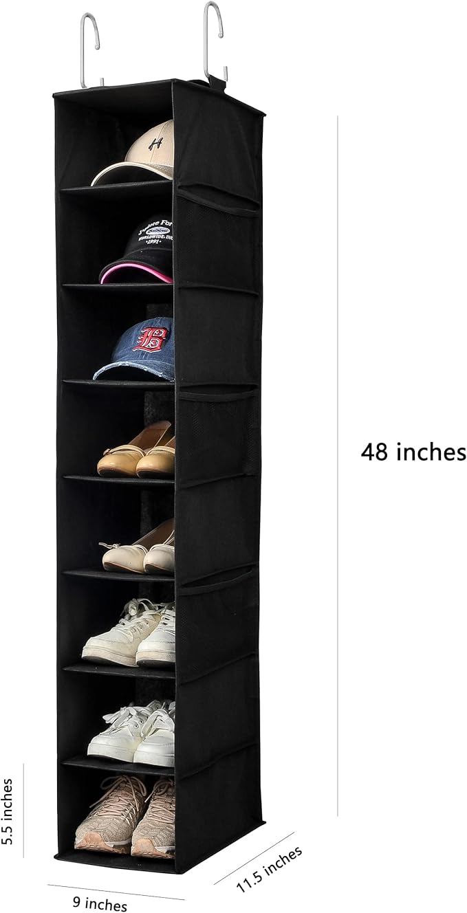 Berdeng Hanging Shoe Organizer for Closet with Side Mesh Pockets，Hat Racks for Baseball Caps，Shoe and Hat Holder & Storage，8-Shelf，Black，1 Pack