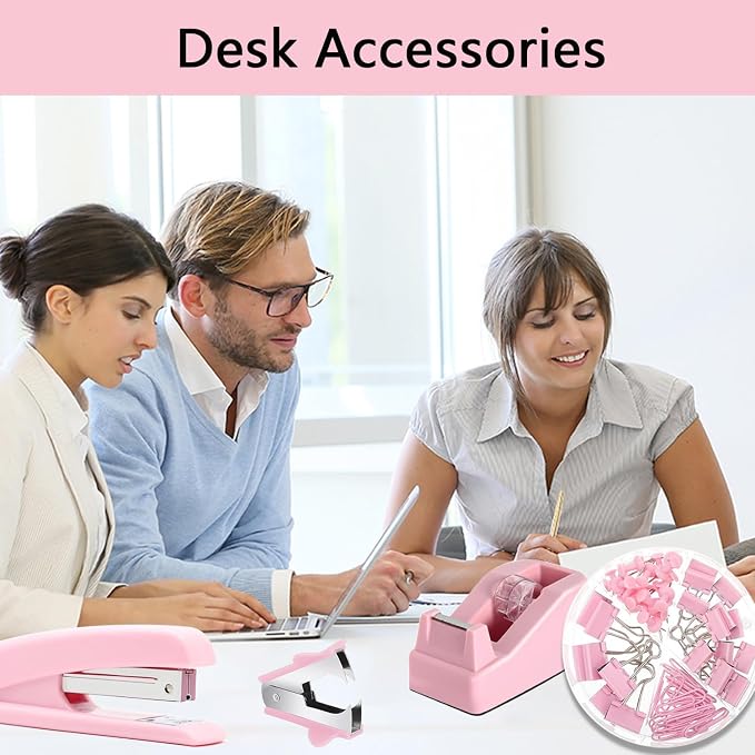 Office Supplies,Pink Desk Accessories,Office Supplies Set,Stapler and Tape Dispenser Set,Scissors,Staple Remover,Binder Clips,Staples,Ballpoint Pen,Index Tabs with Ruler,Clear Tape.9pcs for Office