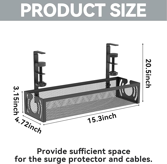 Cable Management, 15'' Under Desk Cable Management Tray No Drill | Metal Cable Organizer with Clamp for Wire Management, Cord Organizer for Home Office, Desk Accessories Organizer, Black