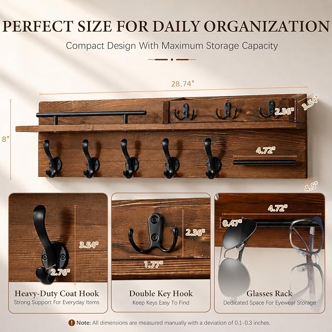 29" Wooden Wall Mounted Coat Rack with Shelf - 5-in-1 Entryway Organizer with 8 Hooks (5 Coat Hooks + 3 Key Hooks), Mail Holder & Display Shelf & glasses Hanger for Doorway, Bedroom, Garage Entrance