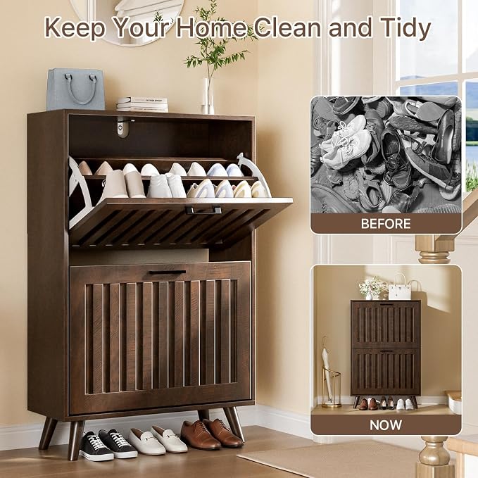 Shoe Storage Cabinet with 2 Flip Drawers, Modern Freestanding Organizer with Adjustable Shelf, Narrow Shoe Rack Cabinet for Entryway, Walnut