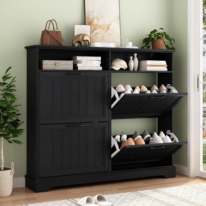 Hidden Shoe Storage Cabinet with 4 Flip Drawers & Open Storage | Farmhouse Modern Shoes Rack Cabinet,Adjustable Shelves ,Narrow Slim Shoe Organizer for Front Door Entrance, Entryway, Black