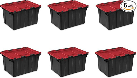 Sterilite 12 Gal Hinged Lid Industrial Tote, Stackable Storage Bin with Hinge Lid, Plastic Container to Organize Basement, Black with Red Lid, 6-Pack | Heavy-Duty and Stackable Utility Box Containers for Home, Office, and Basement Organization, Black/Red