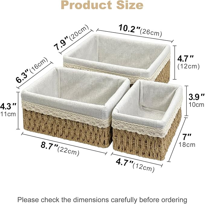Wicker Storage Baskets Set of 3, Handwoven Paper Rope Organizer Bins with Removable Floral Liner, Small Medium Large for Bathroom, Pantry, Shelf, Countertop, Closet (Camel, L+M+S)