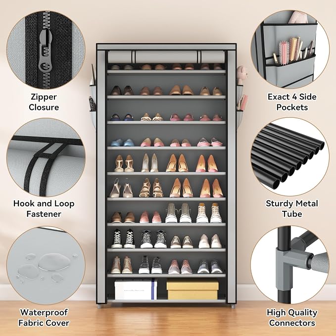 ROJASOP Shoe Rack with Covers, Stackable 10 Tier Tall Shoe Shelf Storage 50-55 Pairs Shoes and Boots Large Capacity Vertical Shoe Rack Organizer for Closet Entryway Garage Bedroom, Grey