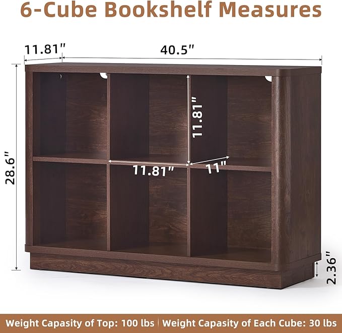 Joaxswe 6 Cube Bookcase, 40" Wide Low Horizontal Book Shelf w/Curved Edge, Wood Floor Standing 2-Tier Bookshelf with Base, Modern Short Storage Organizer for Bedroom,Office, Walnut
