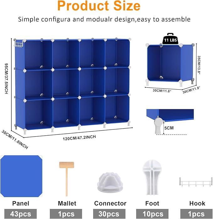 AWTATOS Cube Storage Organizer Closet Organizers 12 Cube Storage Shelves | Protable Closet for Kids DIY Stackable Cube Shelves Bookshelf Clothes Organizer for Bedroom, Home, Admiral Blue