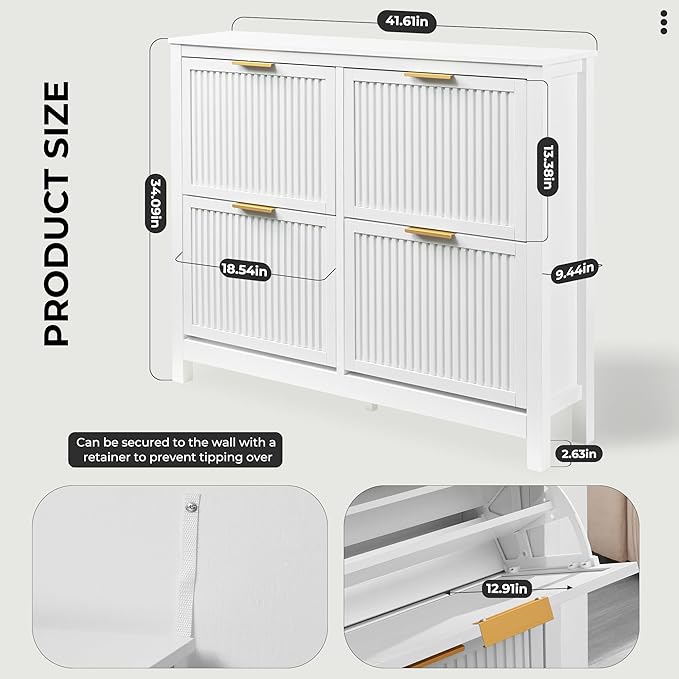 4-Flip Drawer Shoe Cabinet Narrow Entryway Rack, White | Vertical Wood Grain, Metal Handles, Adjustable Compartments, Removable Shelf, Anti-Tip Device, for Hallway Foyer Entryway
