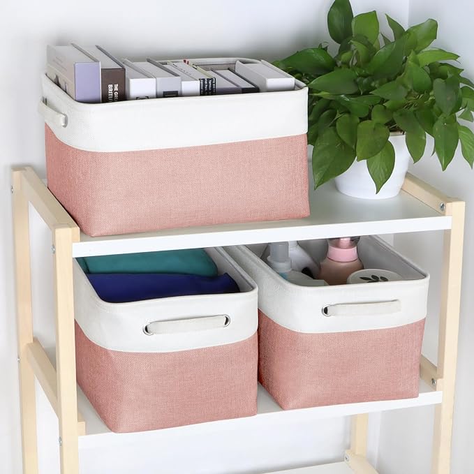Foldable Storage Bin Collapsible Fabric Storage Basket Cube with Durable Handles Closet Organizer Bins for Organizing Shelves Drawers, Set of 3, 15" x 10" x 9.5", Pink