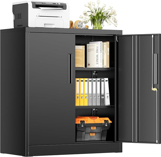 INTERGREAT Metal Storage Cabinet with Locking Doors, Lockable Steel Storage Cabinets with 2 Doors and Shelves, Black Metal Cabinets with Lock, Small Steel Cabinet for Office, Garage, Home, Shop