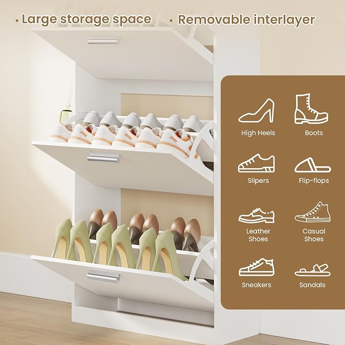 Shoe Cabinet Organizer with 3 Flip Drawers,Narrow Shoe Rack 23.6" W White | Freestanding shoe storage cabinet for entryway,foyer and hallway,slim design and space-saving flip drawers