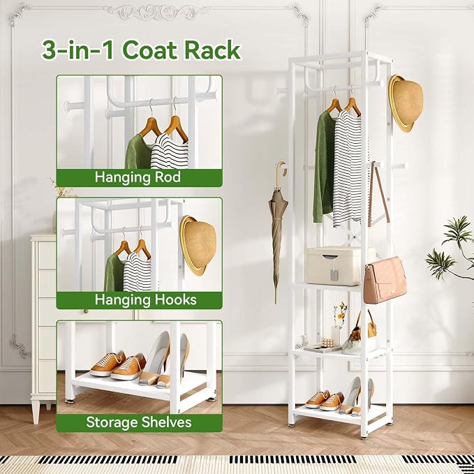 IBUYKE Freestanding Coat Rack,with 3 Shelves and 8 Hooks,White UTMJ088W | Metal Frame,Industrial Hall Tree,Clothes Stand for Entryway, Hallway, Bedroom,Office, Living Room