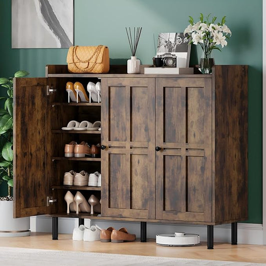 Shoe Storage Cabinet with 3 Doors, 8-Tier Shoe Cabinet with 5 Adjustable Shelves and Metal Legs, 40'' Tall Shoe Rack Organizer Cabinet for Entryway, Front Door, Rustic Brown