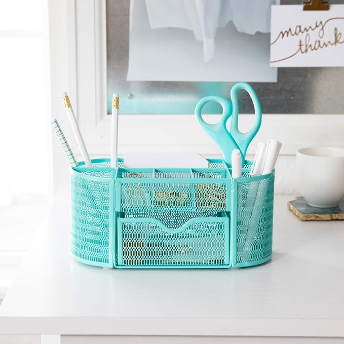 BLU MONACO Aqua Desk Organizer | Metal Stationery Holder With Drawer and Eight Compartments | Desktop Storage for Home Office or Study Space | 4.3”D x 9.3”W x 4”H Workspace Organizer