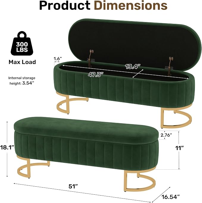51" Velvet Storage Ottoman Bench End of Bed for Bedroom Entryway Green