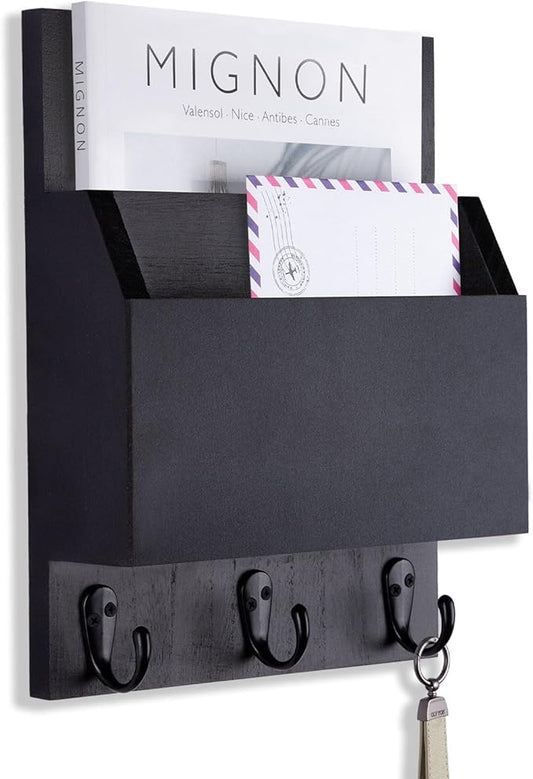Key and Mail Holder for Wall Mount, Entryway Mail Holder with 2 Slot, Key Holder with 3 Sturdy Hooks for Coat, Dog Leash, Decorative Key Rack (8.86”W x 11.42”H x 3”D) (Black)
