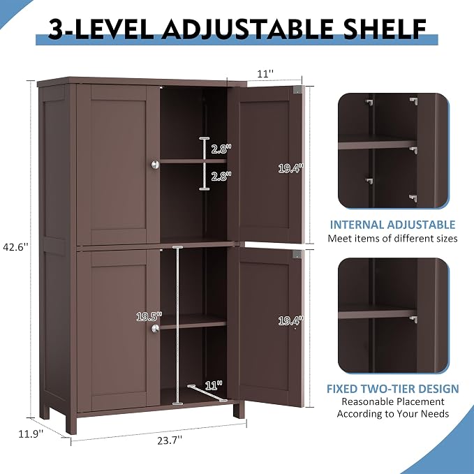 Shintenchi Bathroom Storage Cabinet with Doors and Shelves, Floor Cabinets for Washroom Furniture, Laundry Room, Organization with Adjustable Shelf, Brown