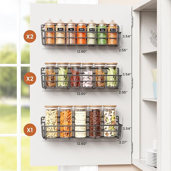 Mystozer 5 Pack Spice Rack Seasoning Organizer Wall Mount, Screw or Adhesive Hanging Shelf Basket Spice Organizer Shelf for Kitchen, Black