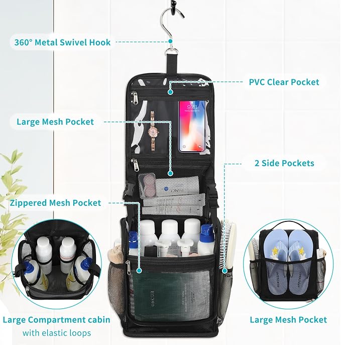 Mesh Shower Caddy Portable, Toiletry Bags for Travel, Hanging Shower Organizer Tote Bag for College Dorm Students Girls Boys, Dry and Wet Separation with Metal Hook
