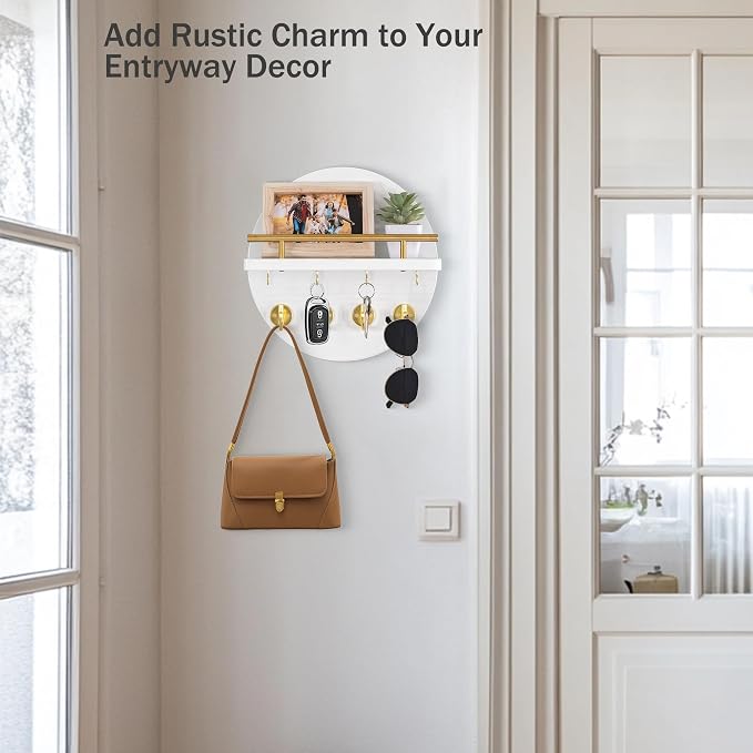 dreampossible Key Holder Wall Mount - 10.2 Inch Decorative Key Rack and Mail Organizer with 8 Key Hooks - Wooden Key Hanger with Shelf for Wall and Home Decor