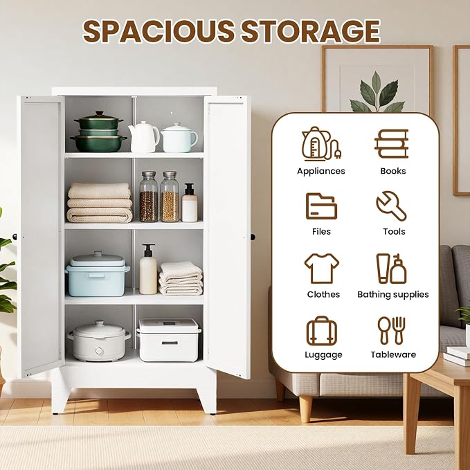 Metal Pantry Cabinet, 47" Kitchen Pantry Cabinet with 2 Doors and 3 Adjustable Shelves, White Steel Storage Cupboard for Dining, Office, Living Room, Bathroom