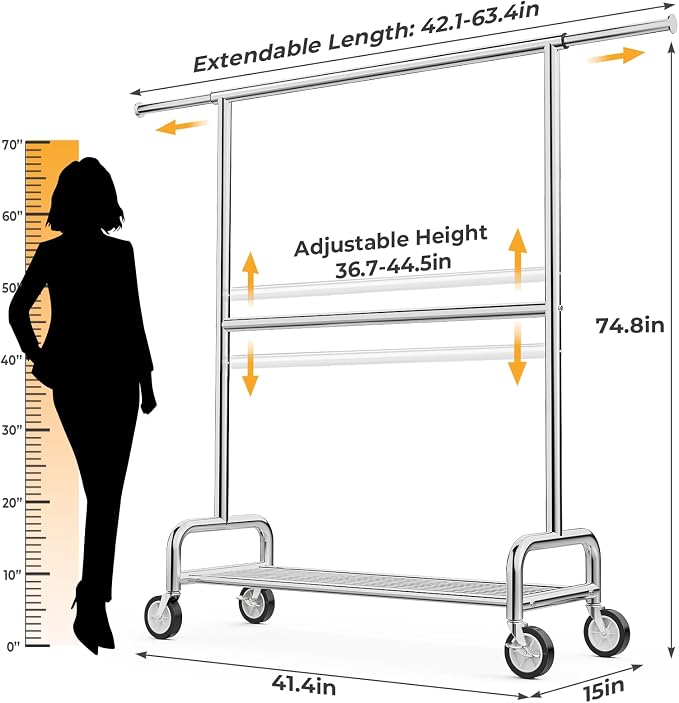 Heavy Duty Clothes Rack Load 860LBS, Double Rods Rolling Clothing Racks for Hanging Clothes, Rolling Garment Rack With Sturdy Wheels Shelves, Portable & Adjustable Commercial Garment Rack, Silver