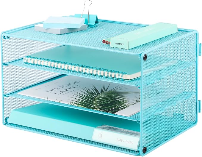 Paper Organizer Tray, 3 Tier Mesh Desk File Organizer Letter Sorter Holder for Home Office, Blue