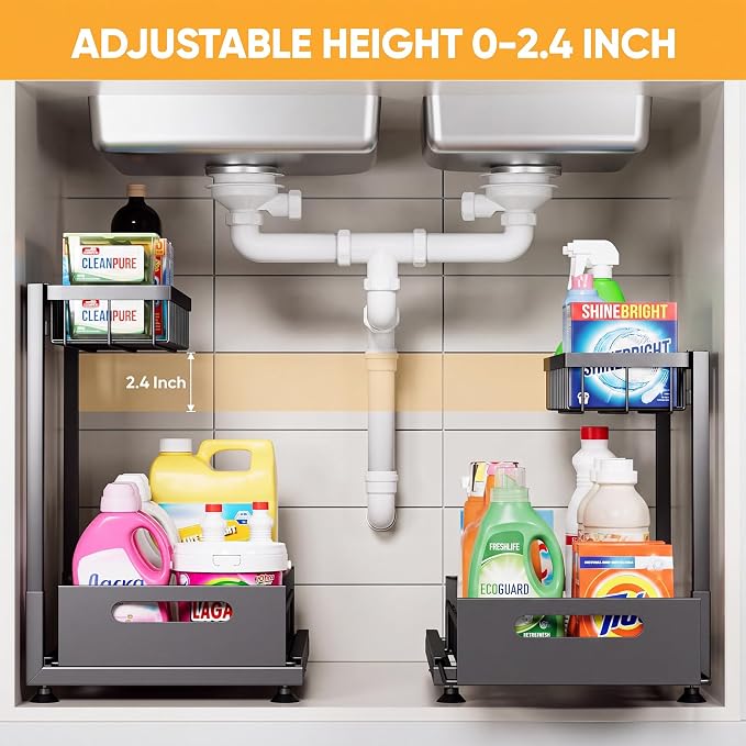 Saydear 2-Pack L-Shaped Under Sink Organizer, 2-Tier Pull-out Cabinet Rack | Black Height-Adjustable Steel Rack, Sliding Grid Drawers with PP Liners, Holds 100 Lbs, Suction Base, Ideal Kitchen Storage