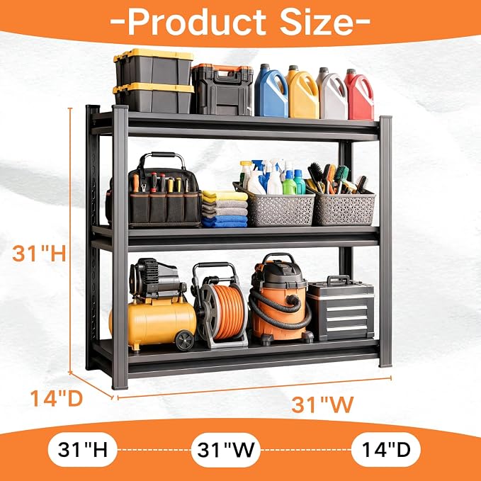 Garage Shelving, Heavy Duty Storage Shelves, Adjustable Boltless Units | Metal Shelving with Double Layer Posts, Industrial Steel Shelving for Garage Basement Warehouse Kitchen, Black, 31H*31W*14D