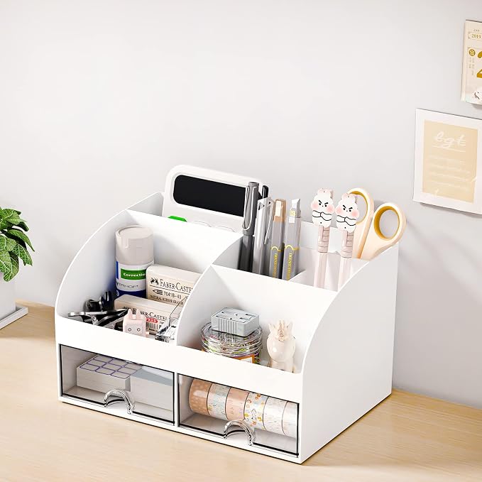 COMFYROOM Desk Organizer with 6 Compartments and 2 Drawers, Plastic Makeup Organizer, Pen Holder for Desktop Storage, Desk Organization for School, Home, Office Supplies (White-2Pack)