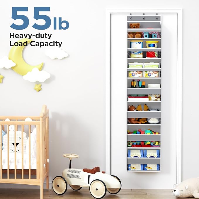 Mefirt Over The Door Organizer, 7 Tier Door Hanging Organizers with 7 Large Pockets 12 Side Pockets, Behind Door Storage Hanging Shelves for Closet Bathroom Bedroom Nursery